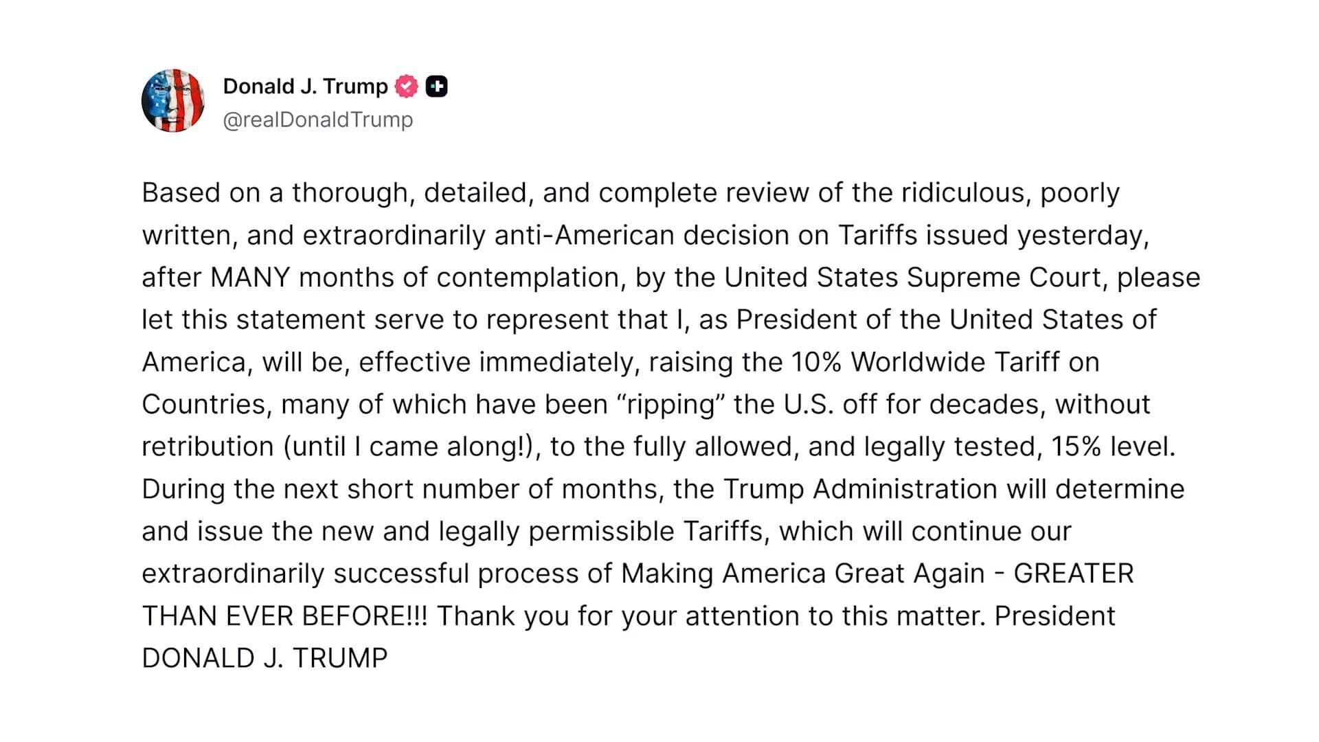 ทรัมป์ปรับตัวเลขเก็บภาษีศุลกากรทั่วโลกจาก 10% เป็น 15% เซ่นมติศาลสูงสุดสหรัฐฯ