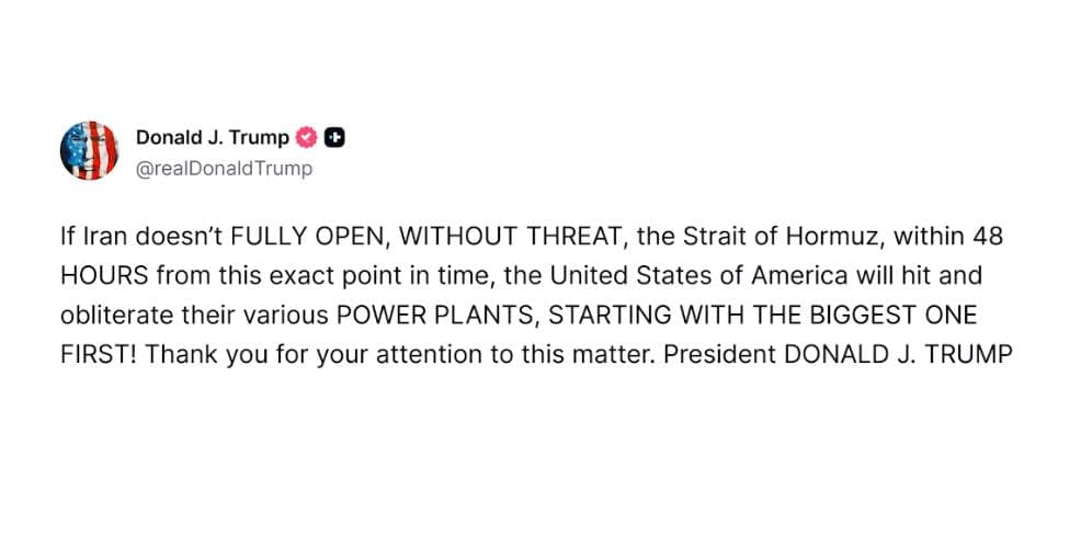 ทรัมป์ขู่ ‘ทำลายล้าง’ โรงไฟฟ้าอิหร่าน หากไม่เปิดช่องแคบฮอร์มุซภายใน 48 ชั่วโมง