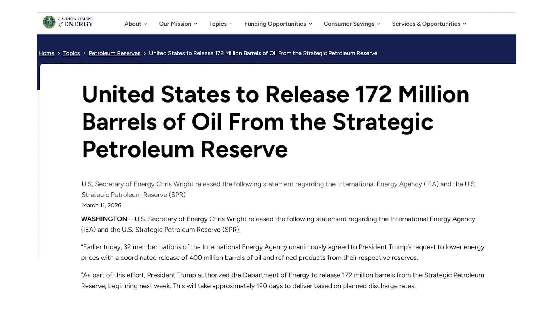 สหรัฐฯ เตรียมปล่อยน้ำมันจากคลังสำรอง 172 ล้านบาร์เรล