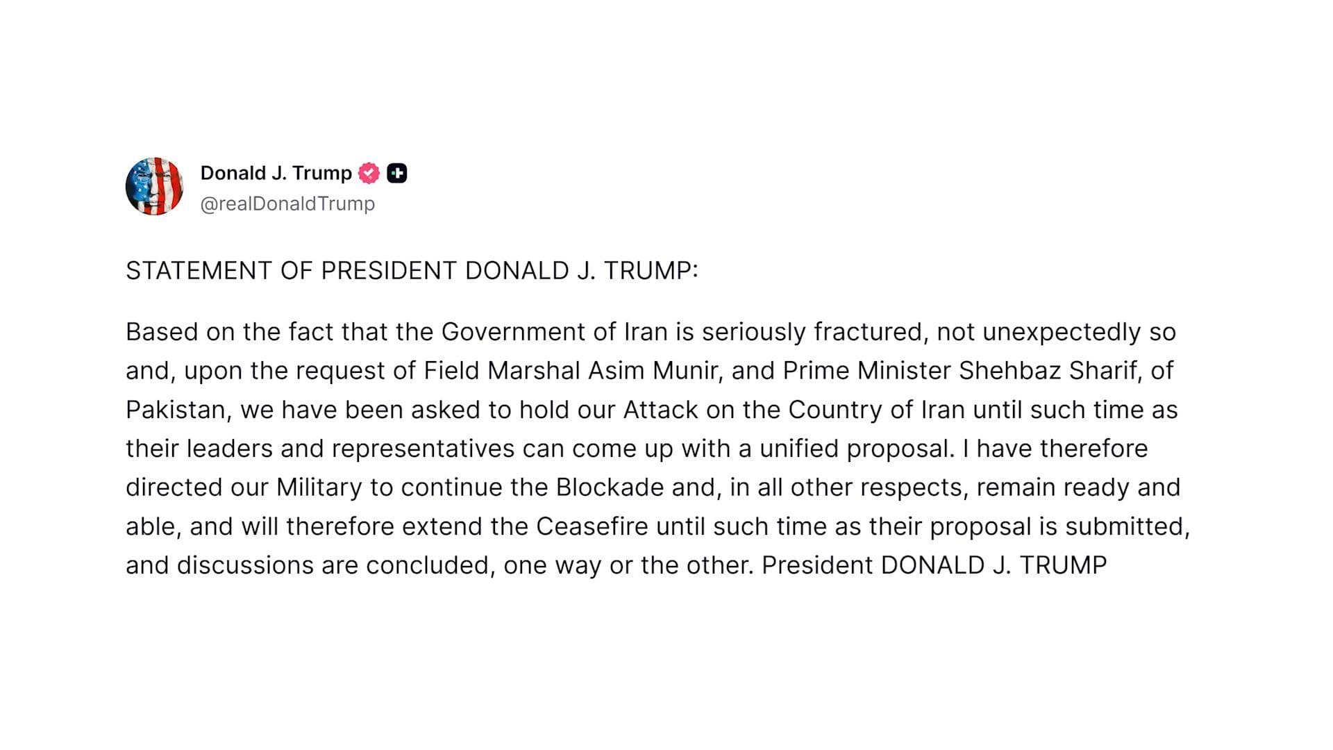 ทรัมป์แย้มขยายเวลา ‘หยุดยิง’ กับอิหร่าน